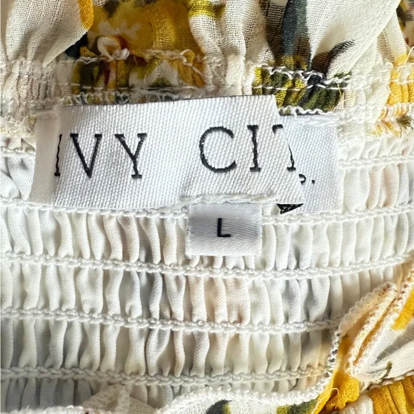 IVY CITY CO Lemon Drop Layered Smocked Maxi Dress puff sleeve Lemon Print Large - Picture 8 of 12